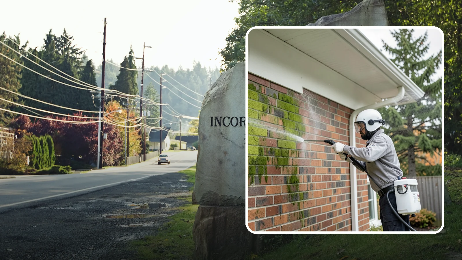 Brick House Washing in Wilkeson, Pierce County, WA - Brick house washing removes the green algae, moss, and efflorescence that our damp weather draws out of masonry and mortar.