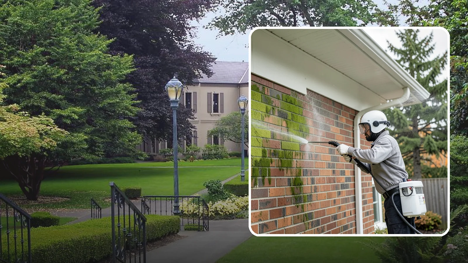 Brick House Washing in Woodinville, King County, WA - Brick house washing removes the green algae, moss, and efflorescence that our damp weather draws out of masonry and mortar.