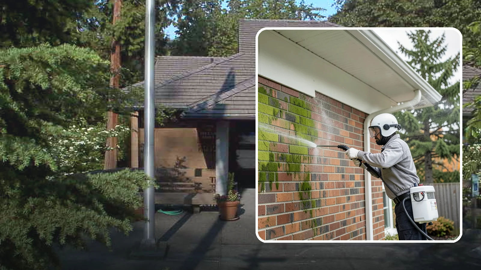 Brick House Washing in Yarrow Point, King County, WA - Brick house washing removes the green algae, moss, and efflorescence that our damp weather draws out of masonry and mortar.
