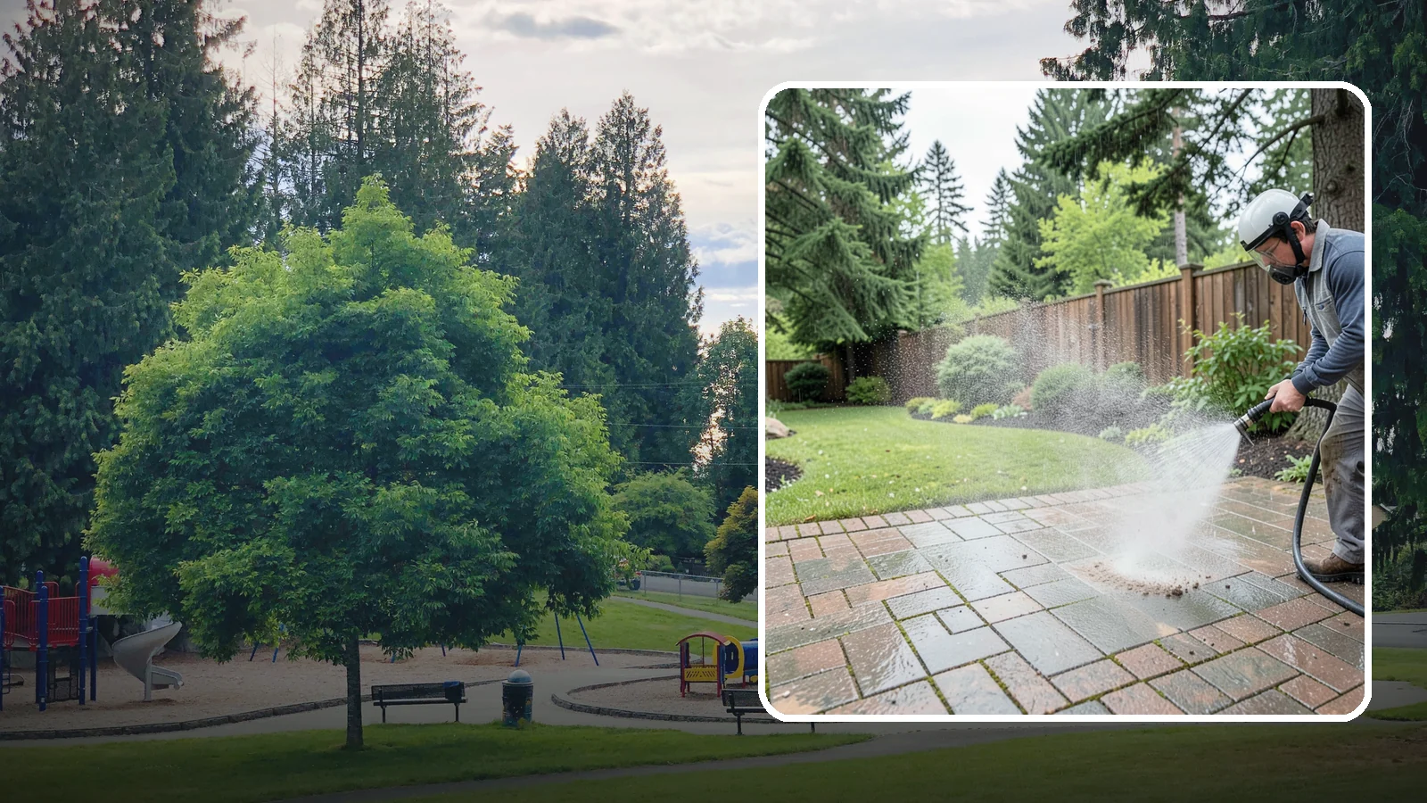 Brick Patio Cleaning in Bonney Lake, Pierce County, WA - Clean brick patios so moss lifts from the joints without blowing out sand or mortar.