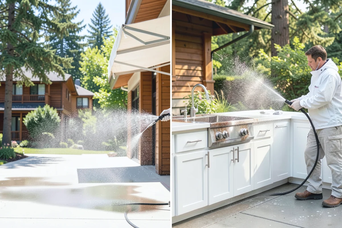 Brick Patio Cleaning in Woodinville, King County, WA - Sweep the patio and pull loose growth