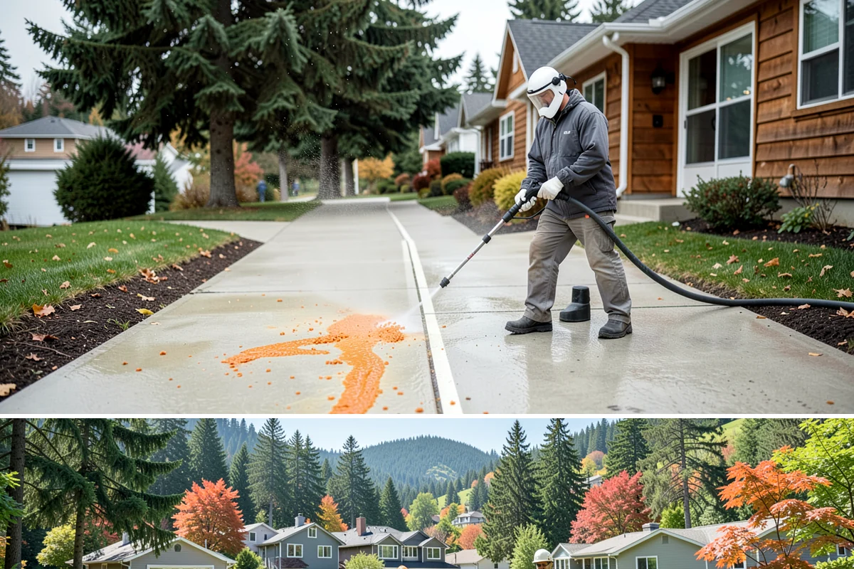 Calcium Deposit Removal in Fircrest, Pierce County, WA - Calcium and efflorescence deposits can be treated year-round, with dry conditions helping confirm complete removal.