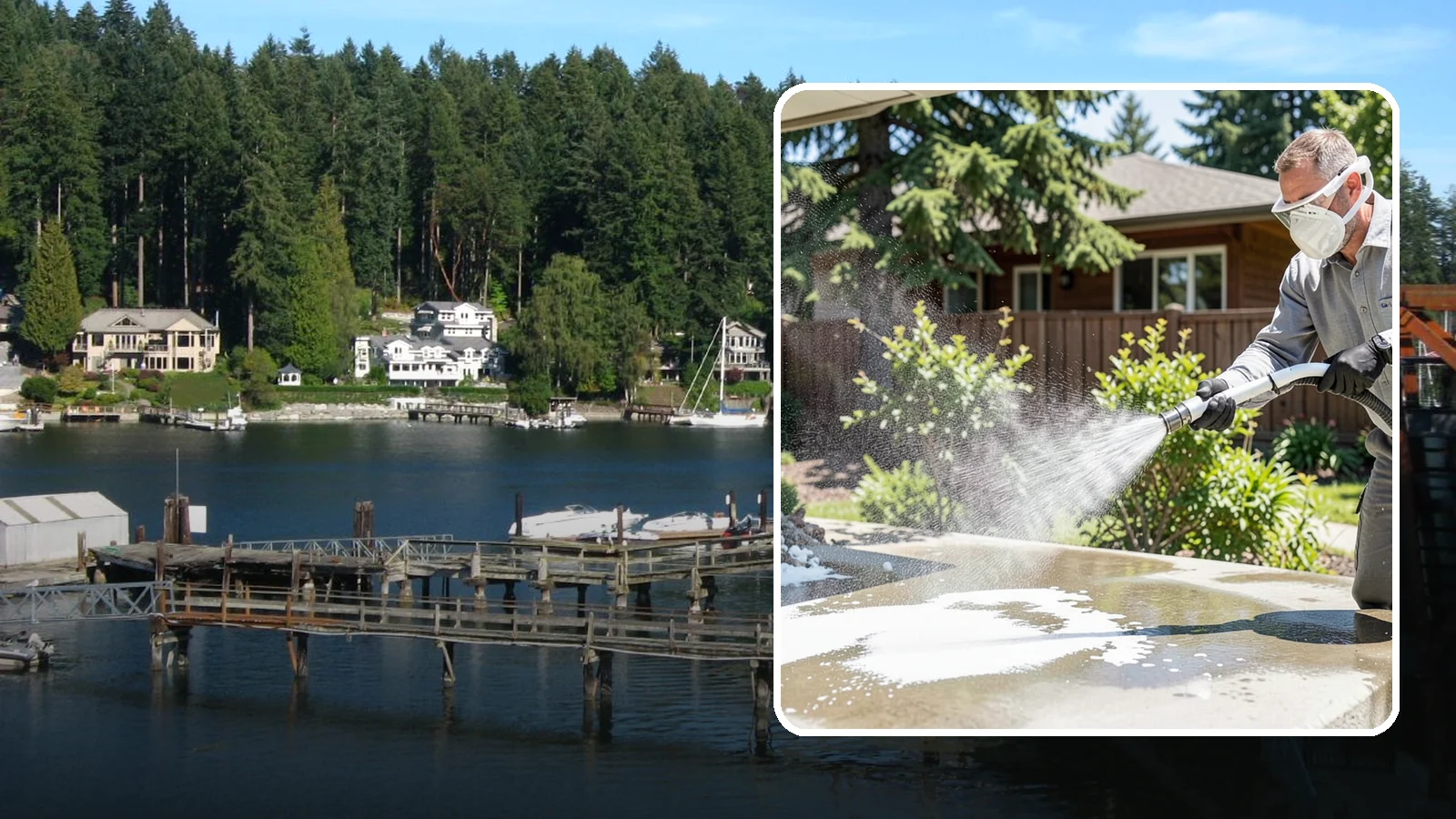 Calcium Deposit Removal in Gig Harbor, Pierce County, WA - Removal of chalky white calcium and mineral deposits from concrete, masonry, glass, and fixtures.