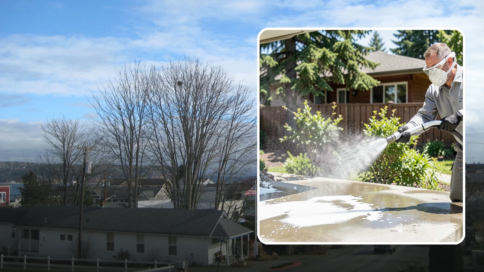 Calcium Deposit Removal in Langley, Island County, WA - Removal of chalky white calcium and mineral deposits from concrete, masonry, glass, and fixtures.