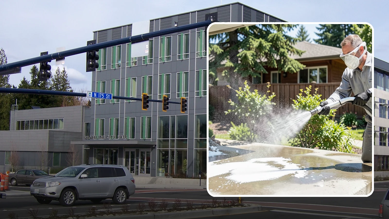Calcium Deposit Removal in Shoreline, King County, WA - Removal of chalky white calcium and mineral deposits from concrete, masonry, glass, and fixtures.