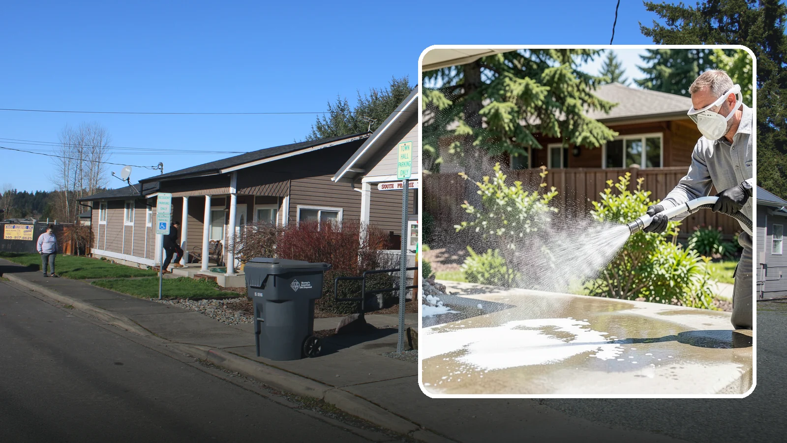 Calcium Deposit Removal in South Prairie, Pierce County, WA - Removal of chalky white calcium and mineral deposits from concrete, masonry, glass, and fixtures.