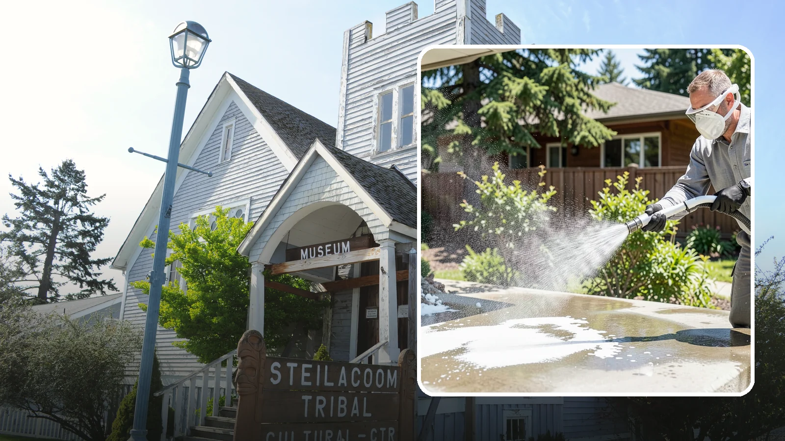Calcium Deposit Removal in Steilacoom, Pierce County, WA - Removal of chalky white calcium and mineral deposits from concrete, masonry, glass, and fixtures.