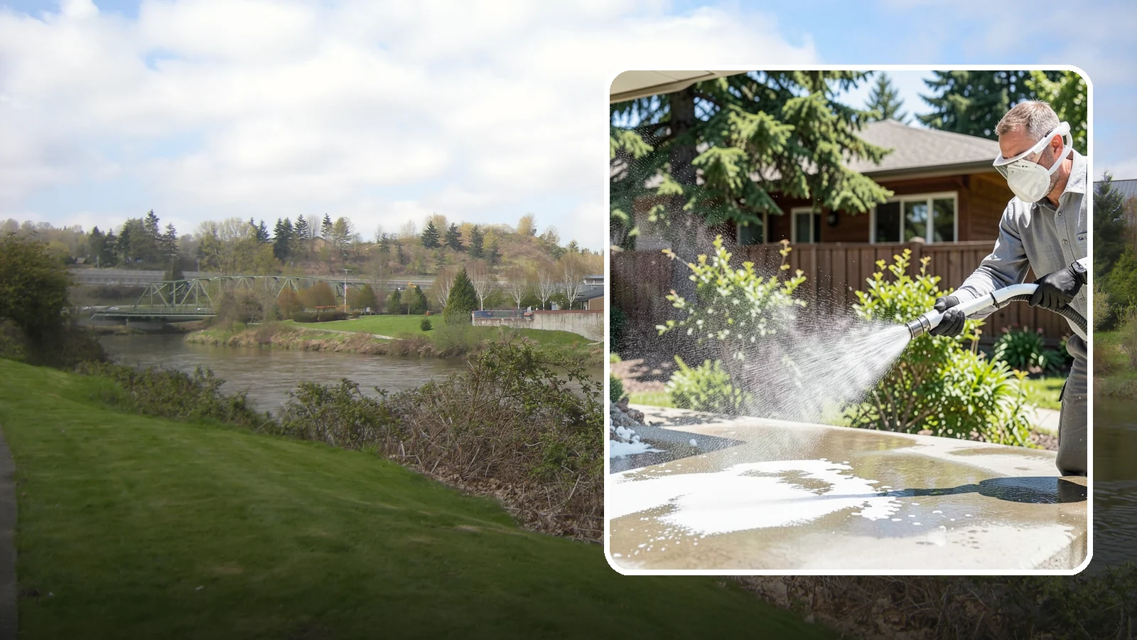 Calcium Deposit Removal in Tukwila, King County, WA - Removal of chalky white calcium and mineral deposits from concrete, masonry, glass, and fixtures.