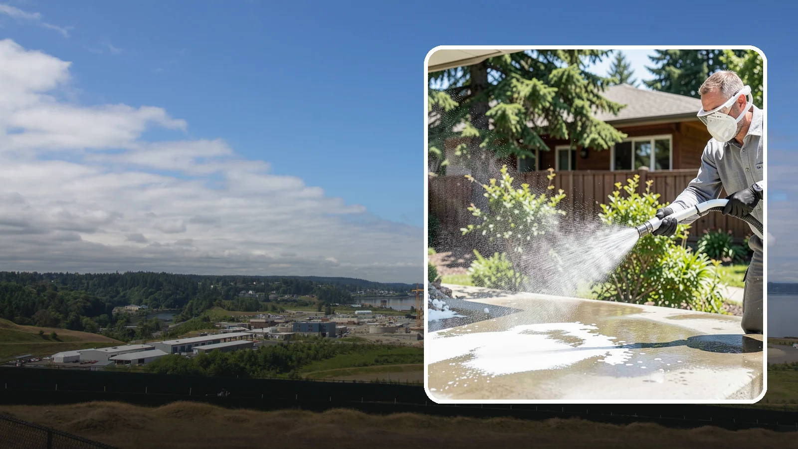 Calcium Deposit Removal in University Place, Pierce County, WA - Removal of chalky white calcium and mineral deposits from concrete, masonry, glass, and fixtures.
