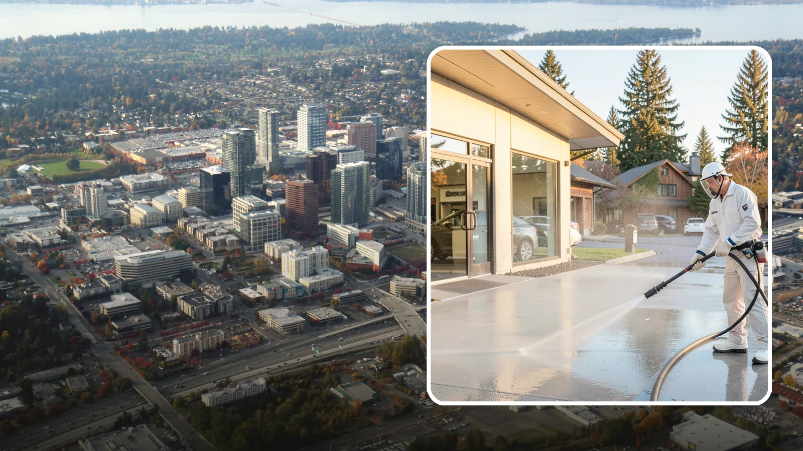 Car Dealership Cleaning in Bellevue, King County, WA - Large-lot exterior cleaning for auto dealerships that brightens showroom facades, display lots, and service drives so inventory...