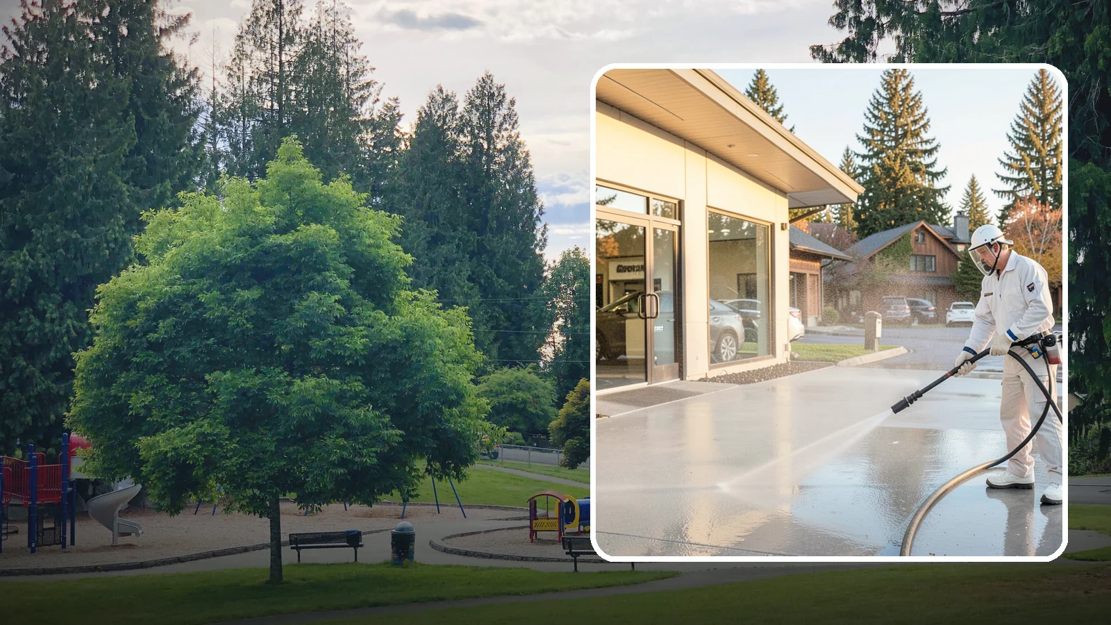 Car Dealership Cleaning in Bonney Lake, Pierce County, WA - Large-lot exterior cleaning for auto dealerships that brightens showroom facades, display lots, and service drives so inventory...