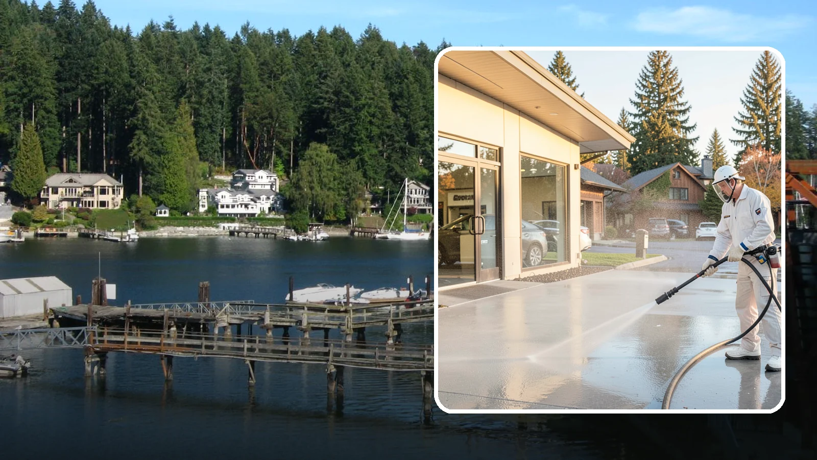 Car Dealership Cleaning in Gig Harbor, Pierce County, WA - Large-lot exterior cleaning for auto dealerships that brightens showroom facades, display lots, and service drives so inventory...