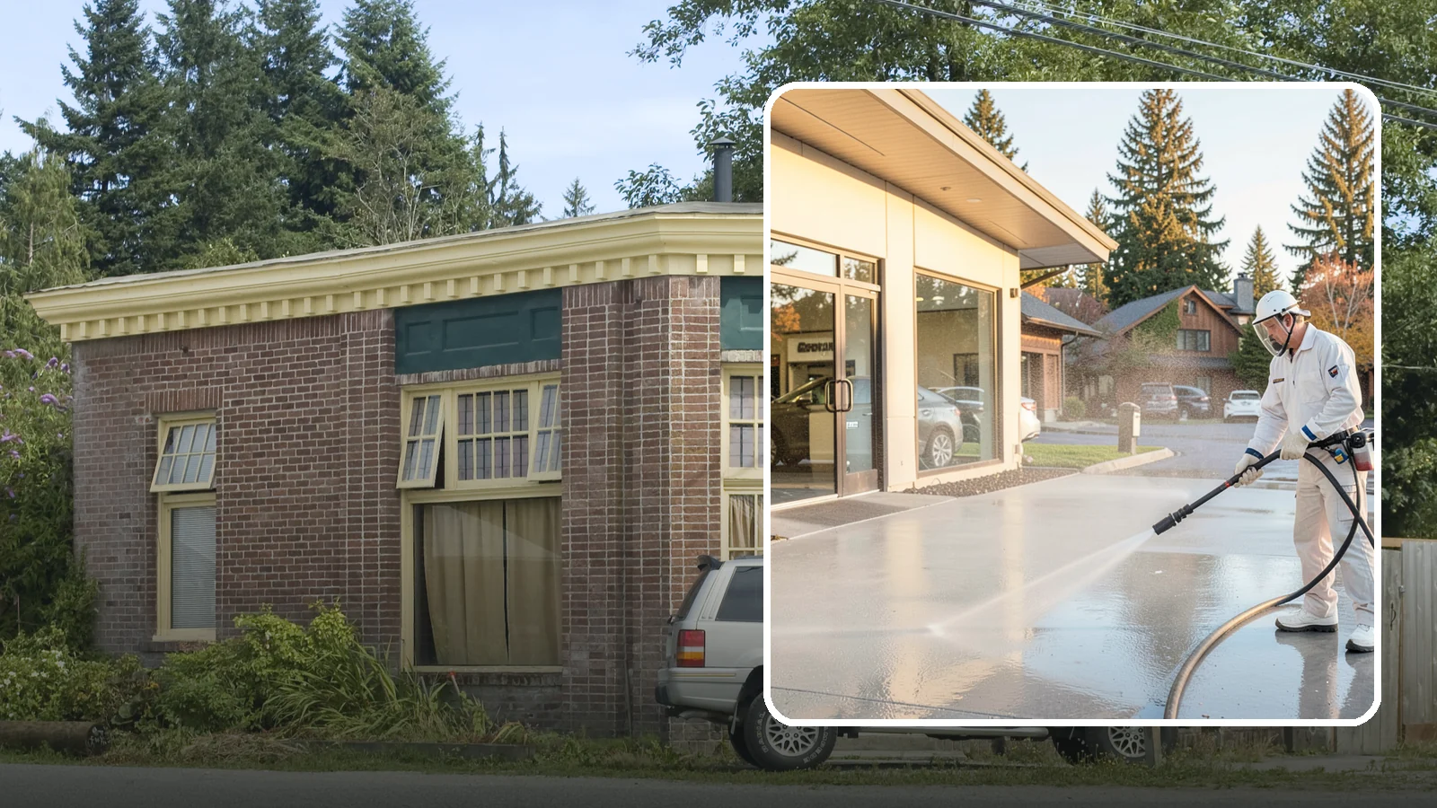Car Dealership Cleaning in Hamilton, Skagit County, WA - Large-lot exterior cleaning for auto dealerships that brightens showroom facades, display lots, and service drives so inventory...