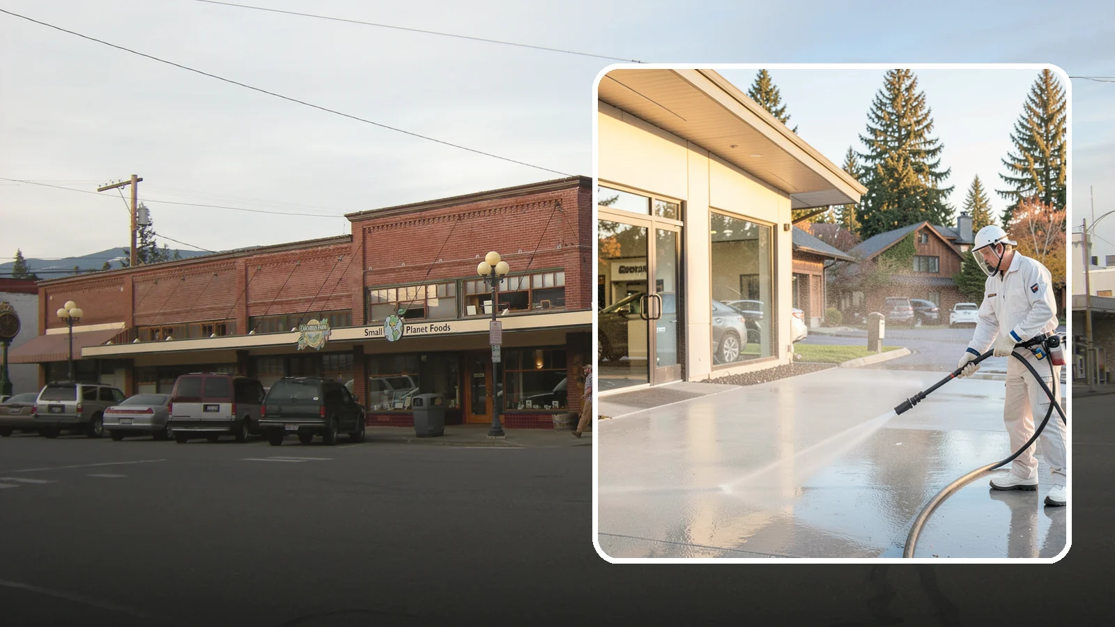 Car Dealership Cleaning in Sedro-Woolley, Skagit County, WA - Large-lot exterior cleaning for auto dealerships that brightens showroom facades, display lots, and service drives so inventory...