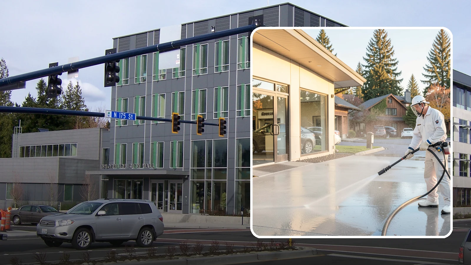 Car Dealership Cleaning in Shoreline, King County, WA - Large-lot exterior cleaning for auto dealerships that brightens showroom facades, display lots, and service drives so inventory...