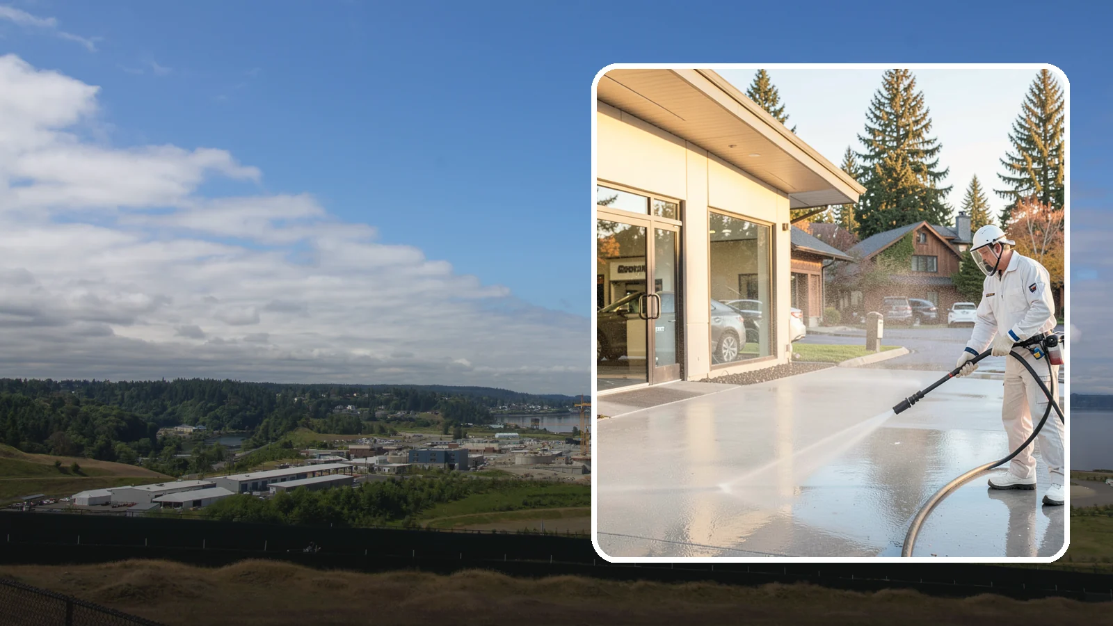 Car Dealership Cleaning in University Place, Pierce County, WA - Large-lot exterior cleaning for auto dealerships that brightens showroom facades, display lots, and service drives so inventory...