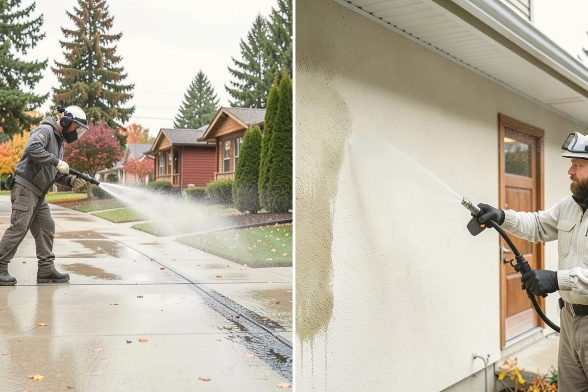 Carport Cleaning in Bellevue, King County, WA - Blow out accumulated leaves and needles from roof and corners