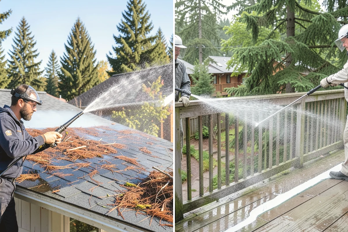 Carport Cleaning in Black Diamond, King County, WA - Blow out accumulated leaves and needles from roof and corners