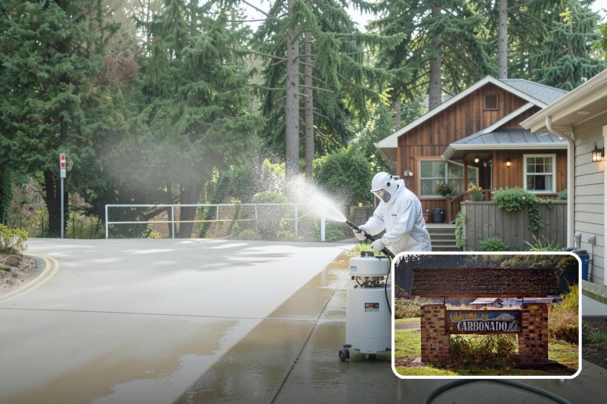 Carport Cleaning in Carbonado, Pierce County, WA - Clears moss and algae from posts and overhead framing