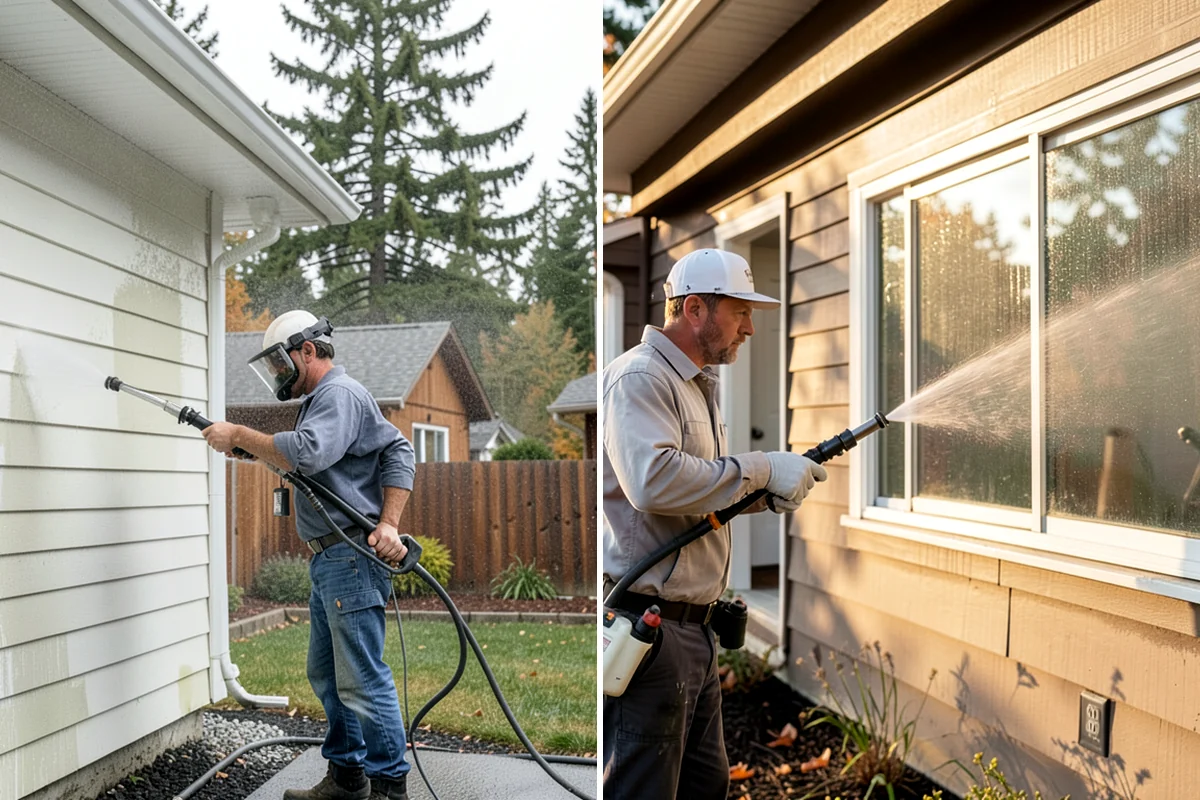 Carport Cleaning in Hunts Point, King County, WA - Blow out accumulated leaves and needles from roof and corners
