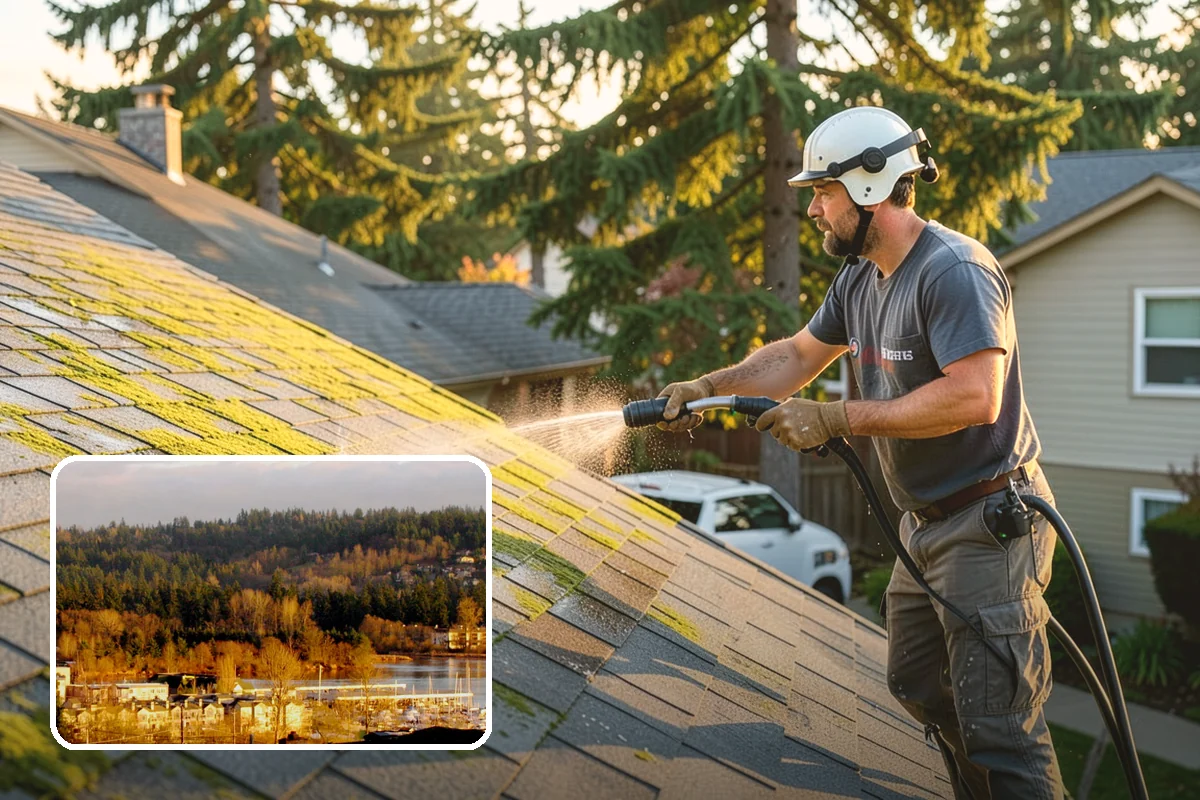 Carport Cleaning in Kenmore, King County, WA - Clears moss and algae from posts and overhead framing