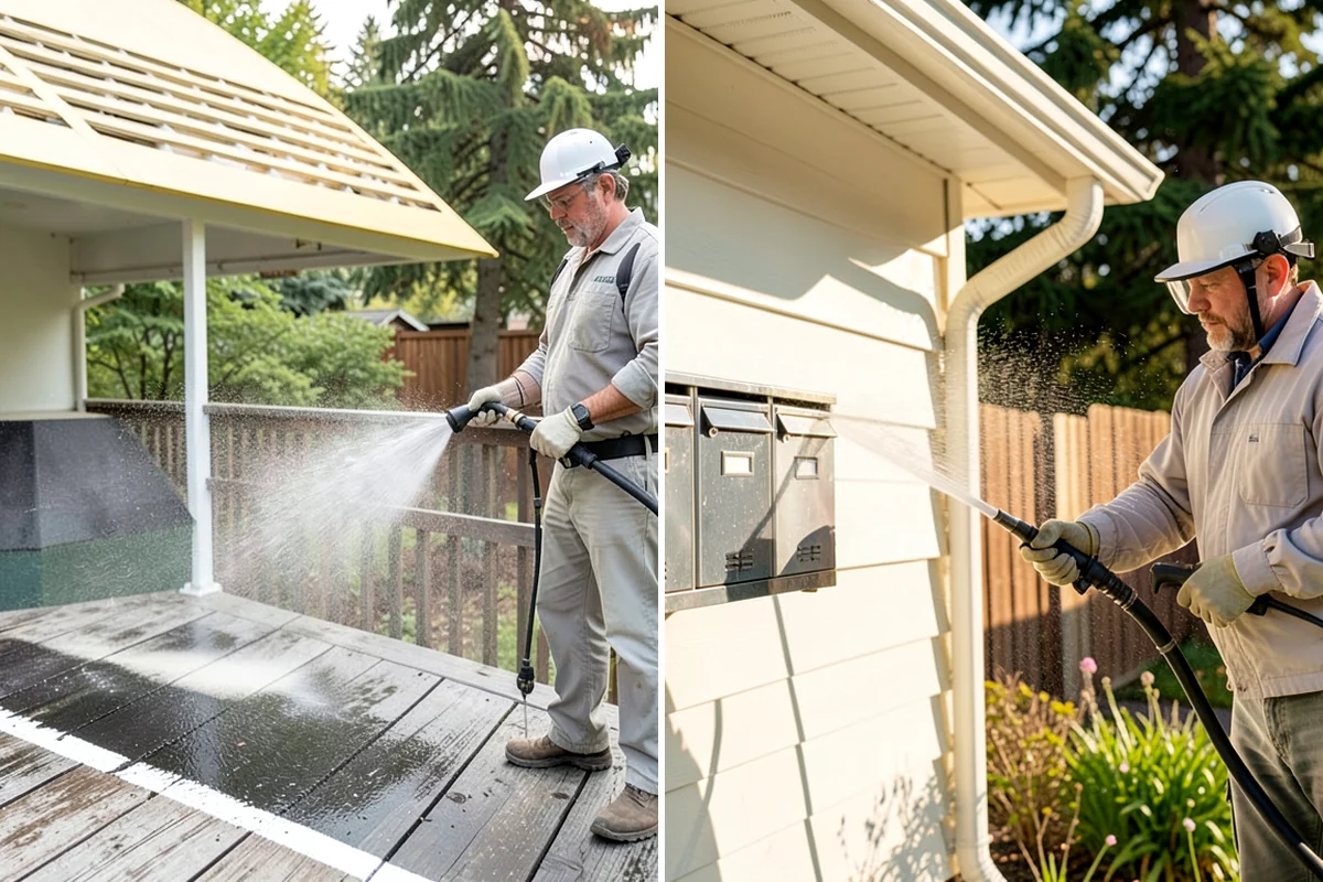Carport Cleaning in Kenmore, King County, WA - Blow out accumulated leaves and needles from roof and corners