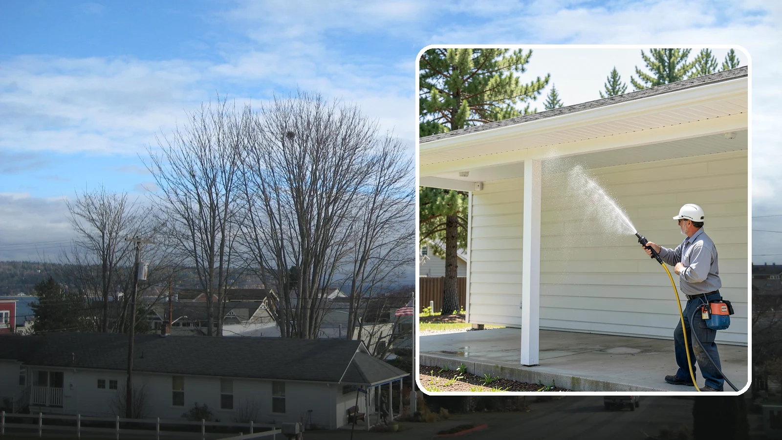 Carport Cleaning in Langley, Island County, WA - We wash carport posts, roofing, and slab so the open structure stops trapping moss, mud, and dripping tree sap.