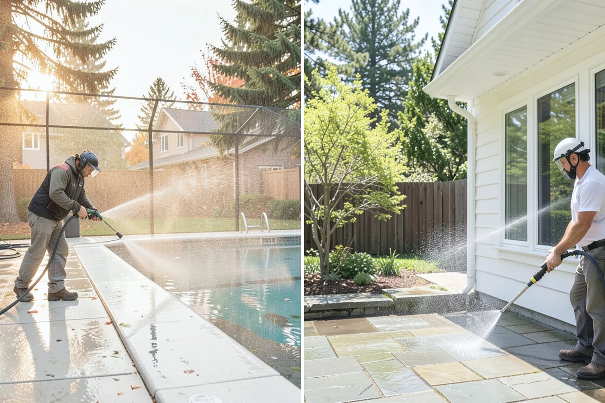 Carport Cleaning in Medina, King County, WA - Blow out accumulated leaves and needles from roof and corners