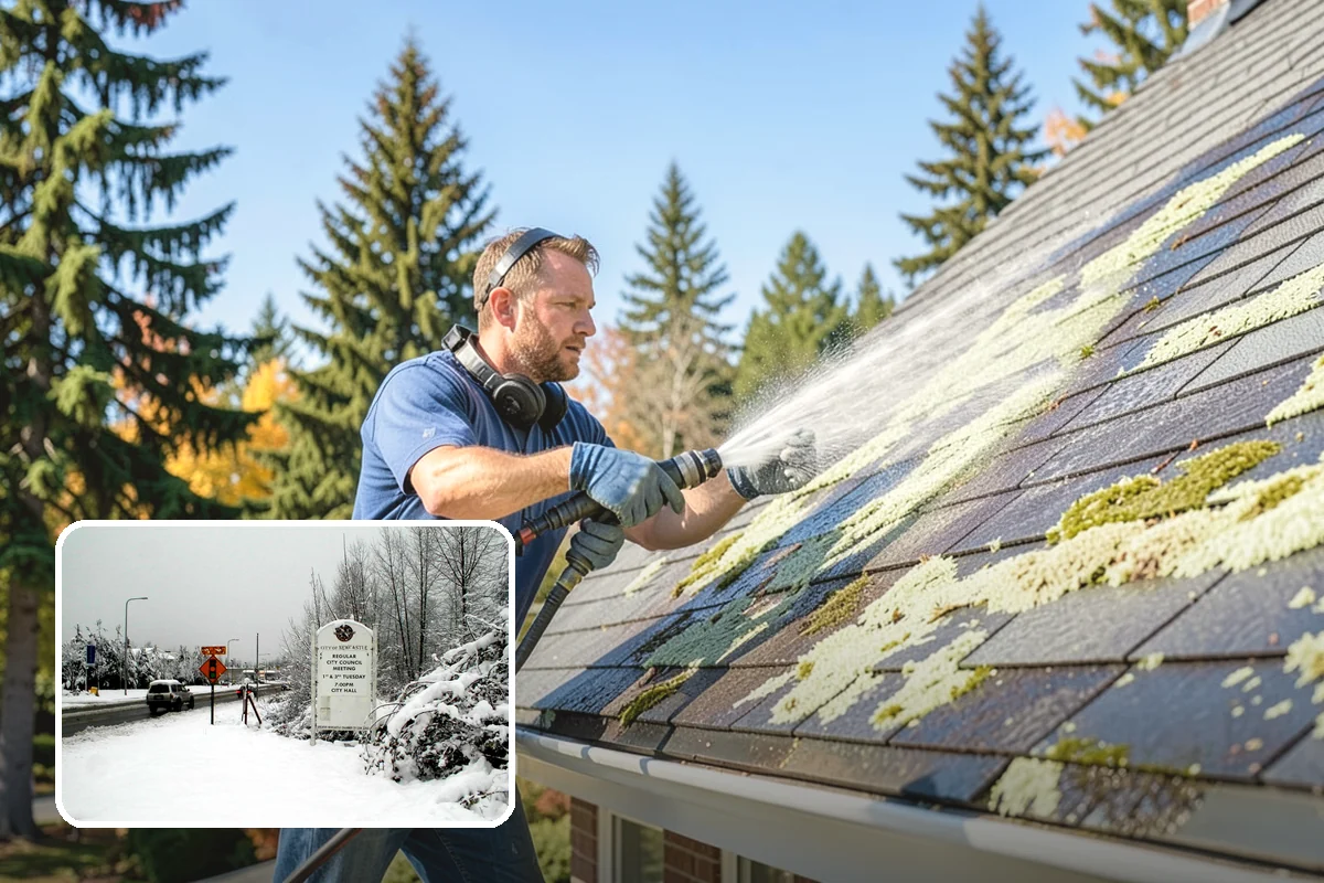 Carport Cleaning in Newcastle, King County, WA - Clears moss and algae from posts and overhead framing