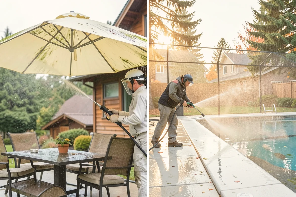 Carport Cleaning in Newcastle, King County, WA - Blow out accumulated leaves and needles from roof and corners