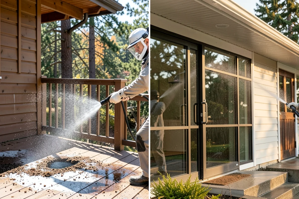 Carport Cleaning in SeaTac, King County, WA - Blow out accumulated leaves and needles from roof and corners