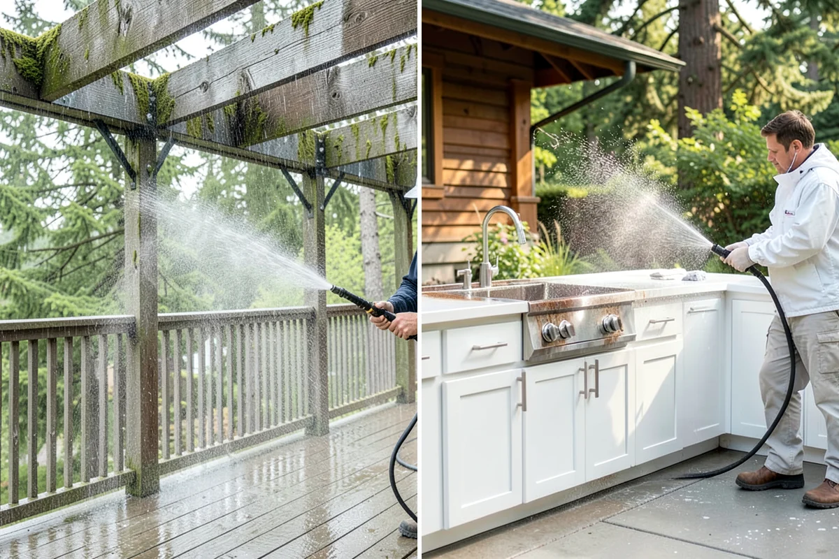 Carport Cleaning in Seattle, King County, WA - Blow out accumulated leaves and needles from roof and corners