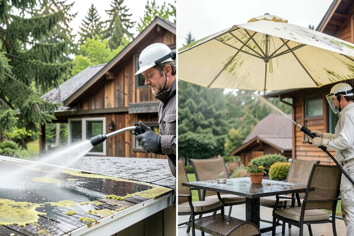 Carport Cleaning in Snoqualmie, King County, WA - Blow out accumulated leaves and needles from roof and corners