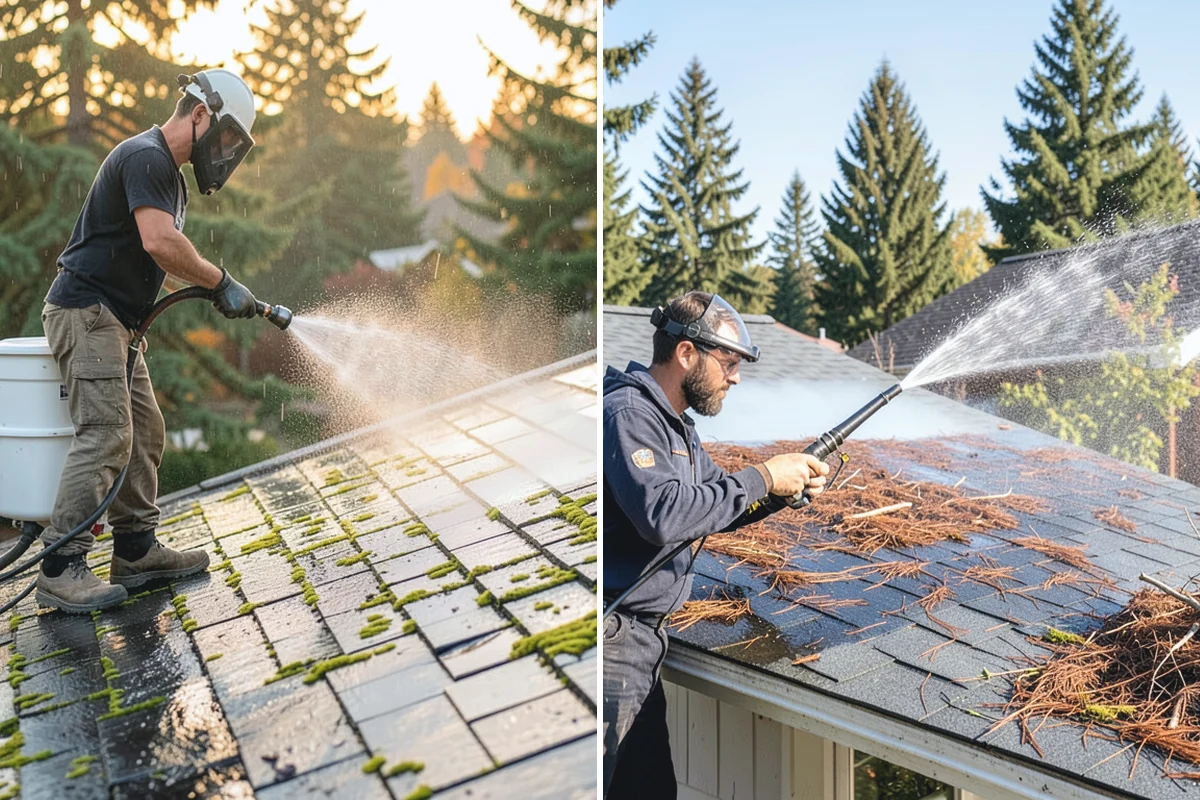 Carport Cleaning in Wilkeson, Pierce County, WA - Blow out accumulated leaves and needles from roof and corners