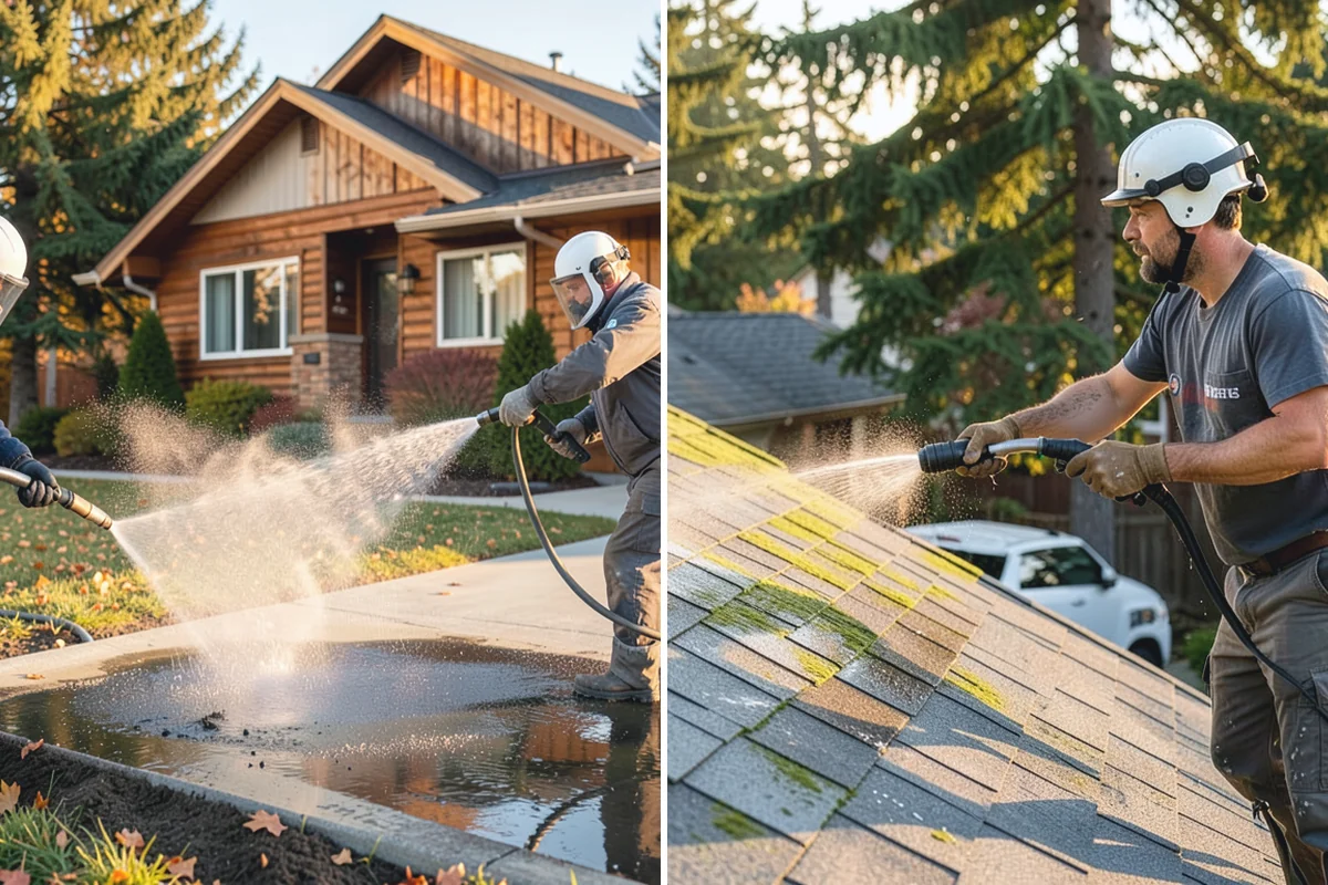 Carport Cleaning in Woodinville, King County, WA - Blow out accumulated leaves and needles from roof and corners