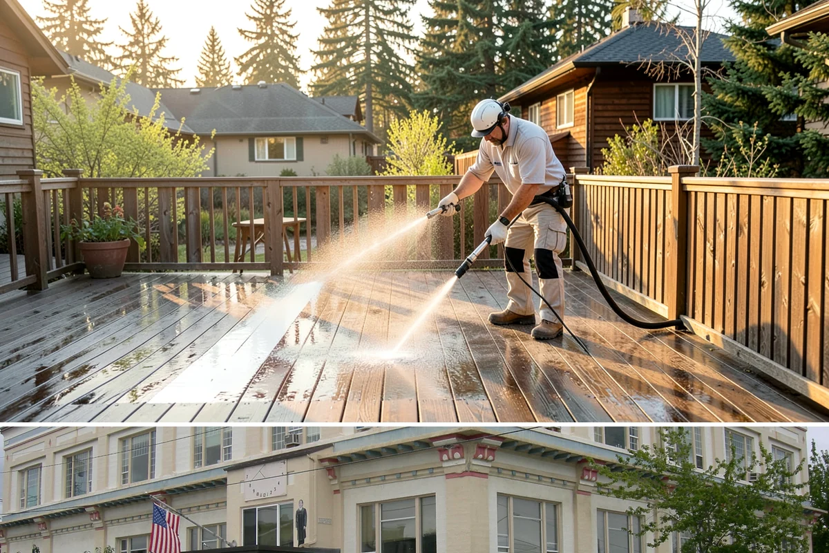 Cedar Deck Cleaning in Anacortes, Skagit County, WA - Clean and brighten cedar decks in dry summer weeks so they dry ahead of sealing.