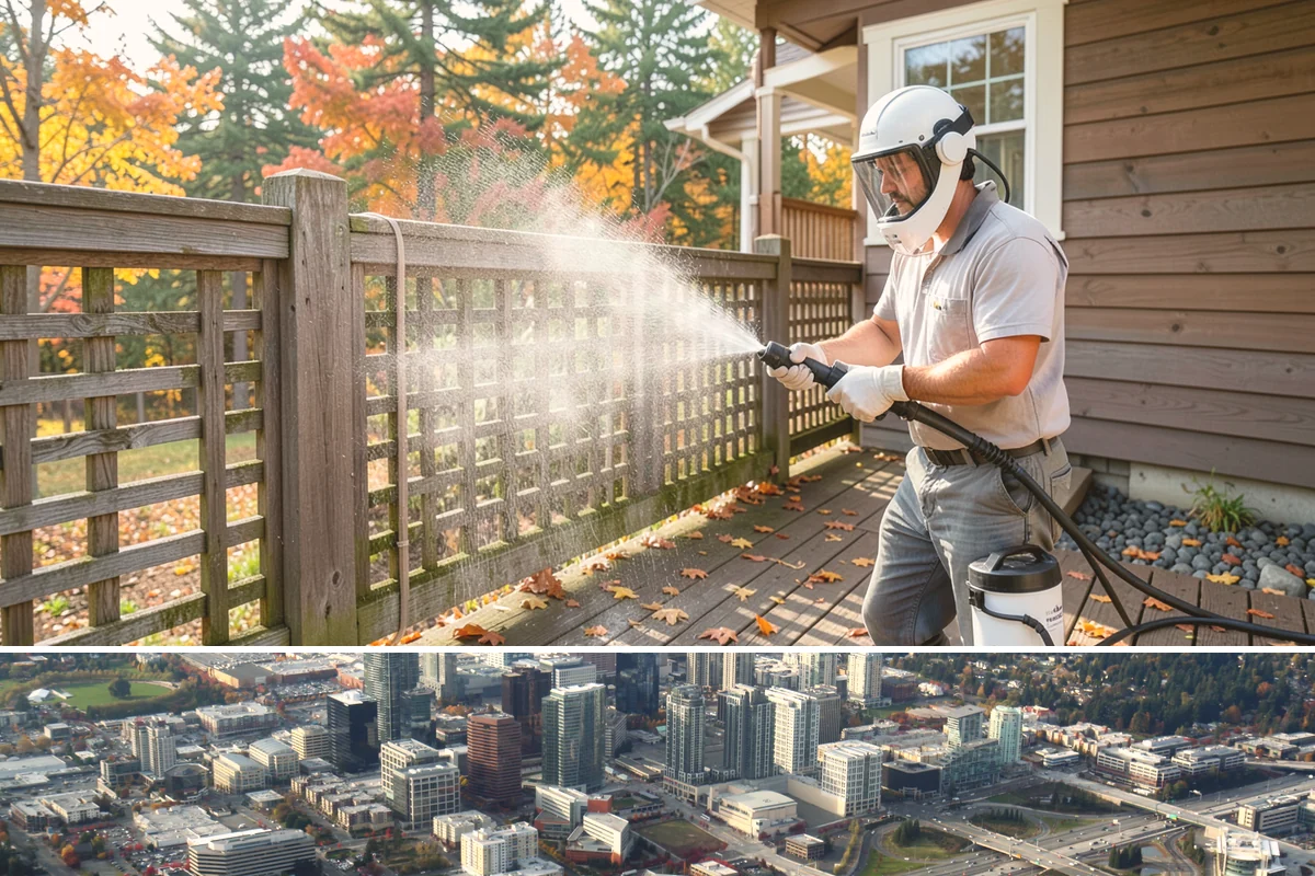 Cedar Deck Cleaning in Bellevue, King County, WA - Clean and brighten cedar decks in dry summer weeks so they dry ahead of sealing.