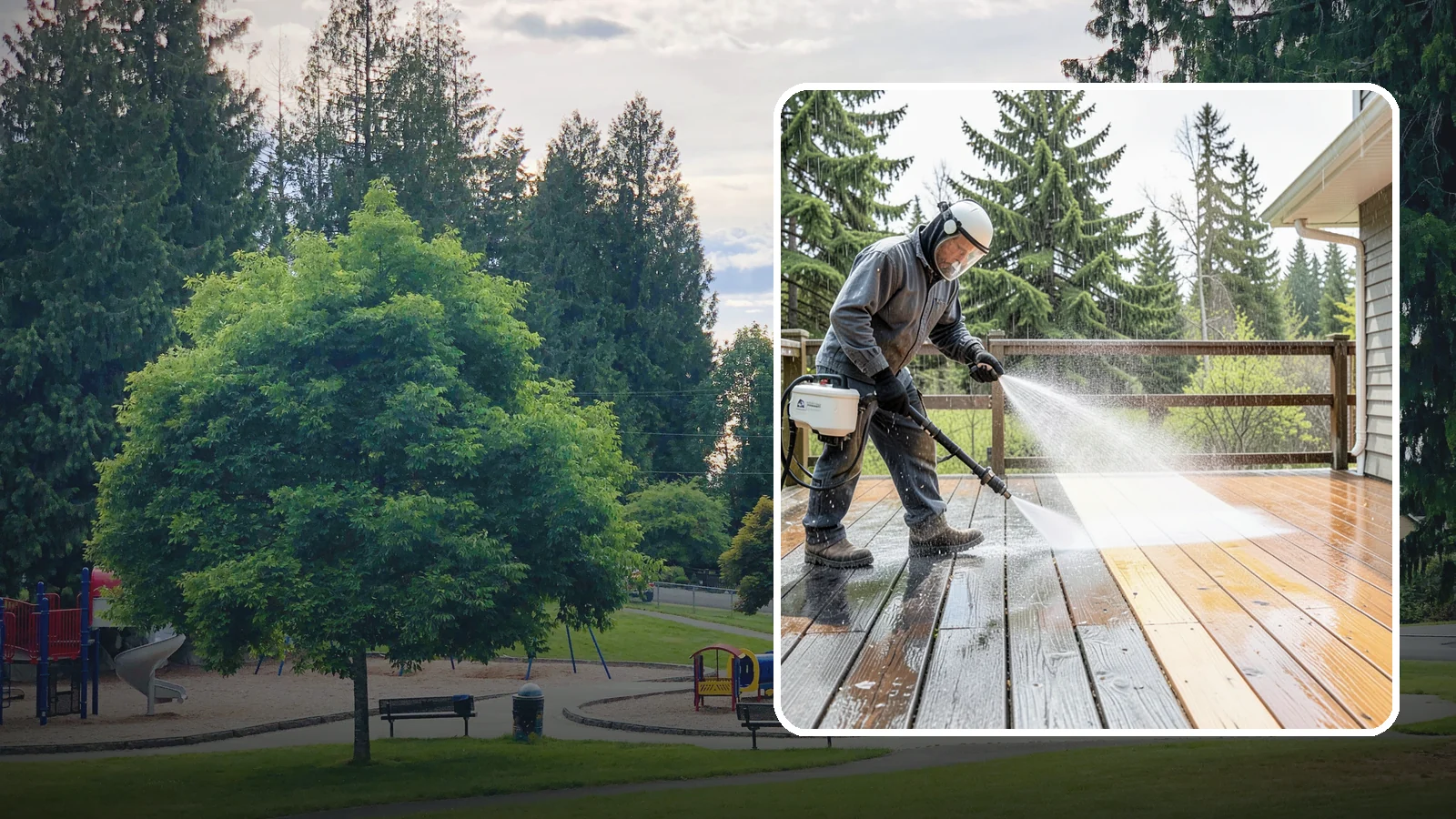 Cedar Deck Cleaning in Bonney Lake, Pierce County, WA - Clean and brighten cedar decks to revive the warm tone Washington moisture washes out.