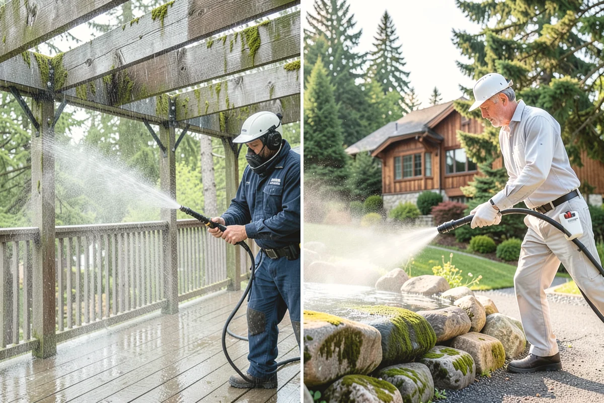 Cedar Deck Cleaning in Edgewood, Pierce County, WA - Clear the deck and wet down surrounding plants