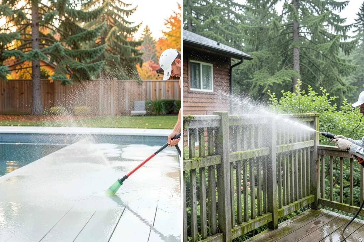 Cedar Deck Cleaning in Fircrest, Pierce County, WA - Clear the deck and wet down surrounding plants