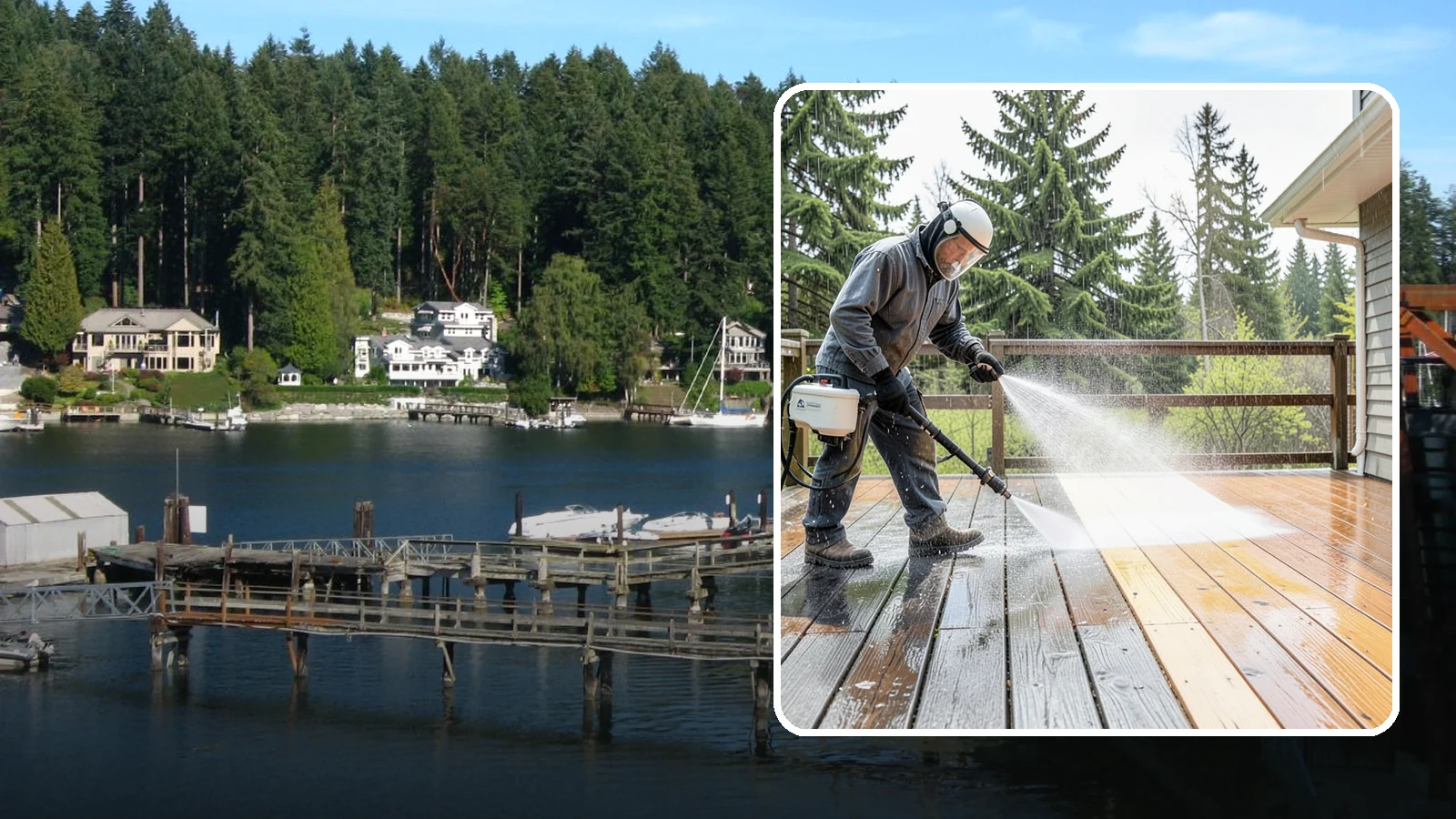 Cedar Deck Cleaning in Gig Harbor, Pierce County, WA - Clean and brighten cedar decks to revive the warm tone Washington moisture washes out.