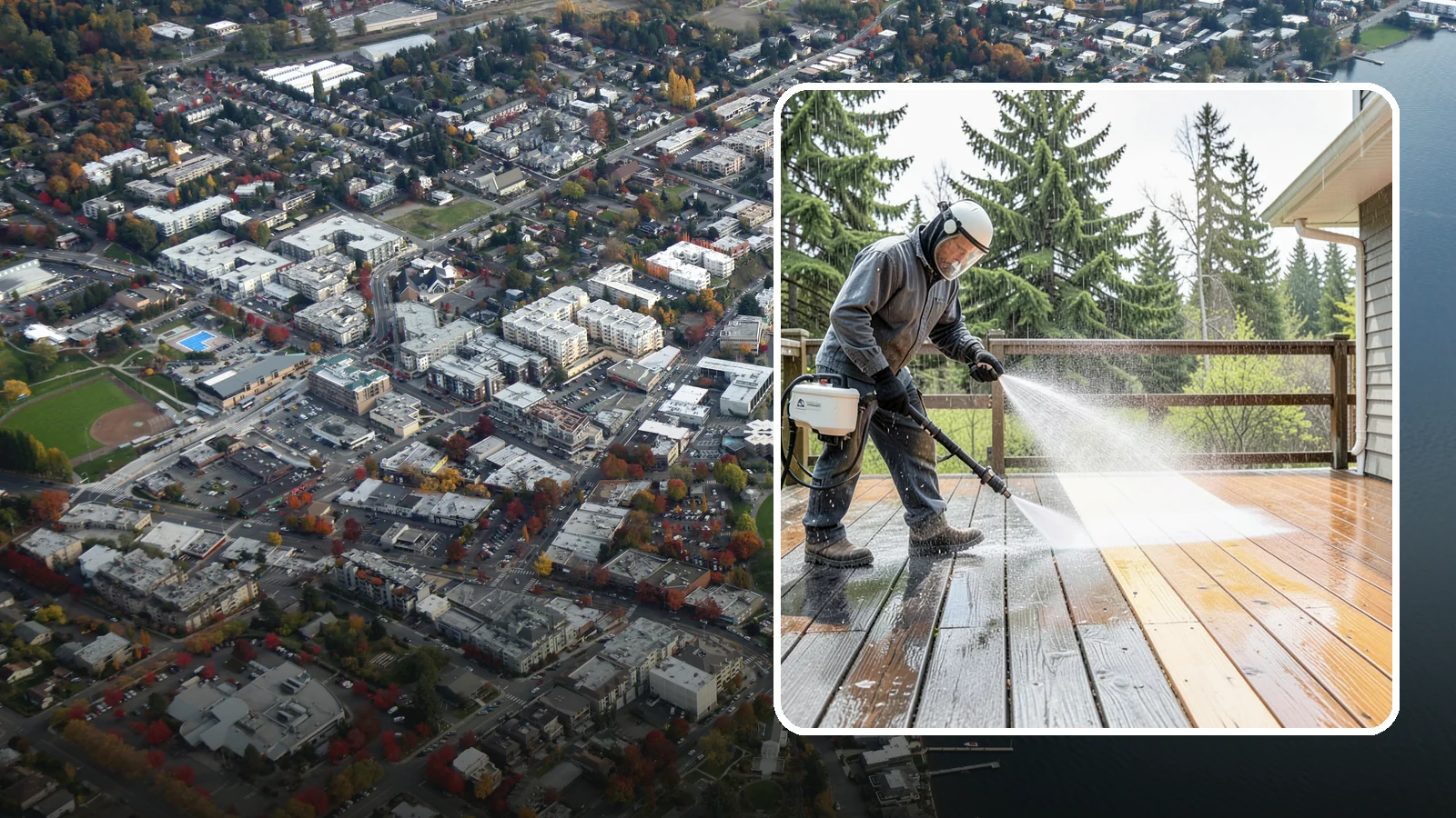Cedar Deck Cleaning in Kirkland, King County, WA - Clean and brighten cedar decks to revive the warm tone Washington moisture washes out.