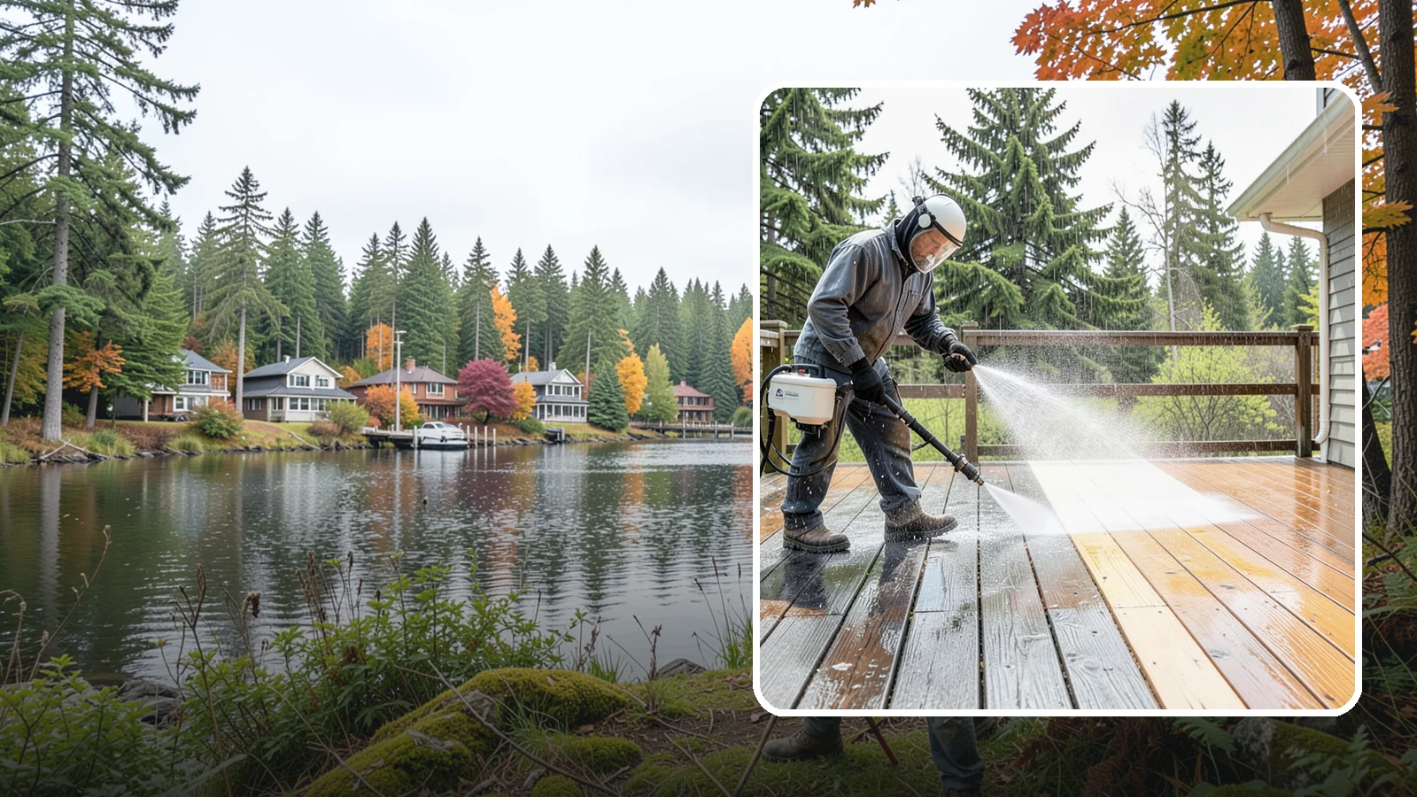 Cedar Deck Cleaning in La Conner, Skagit County, WA - Clean and brighten cedar decks to revive the warm tone Washington moisture washes out.