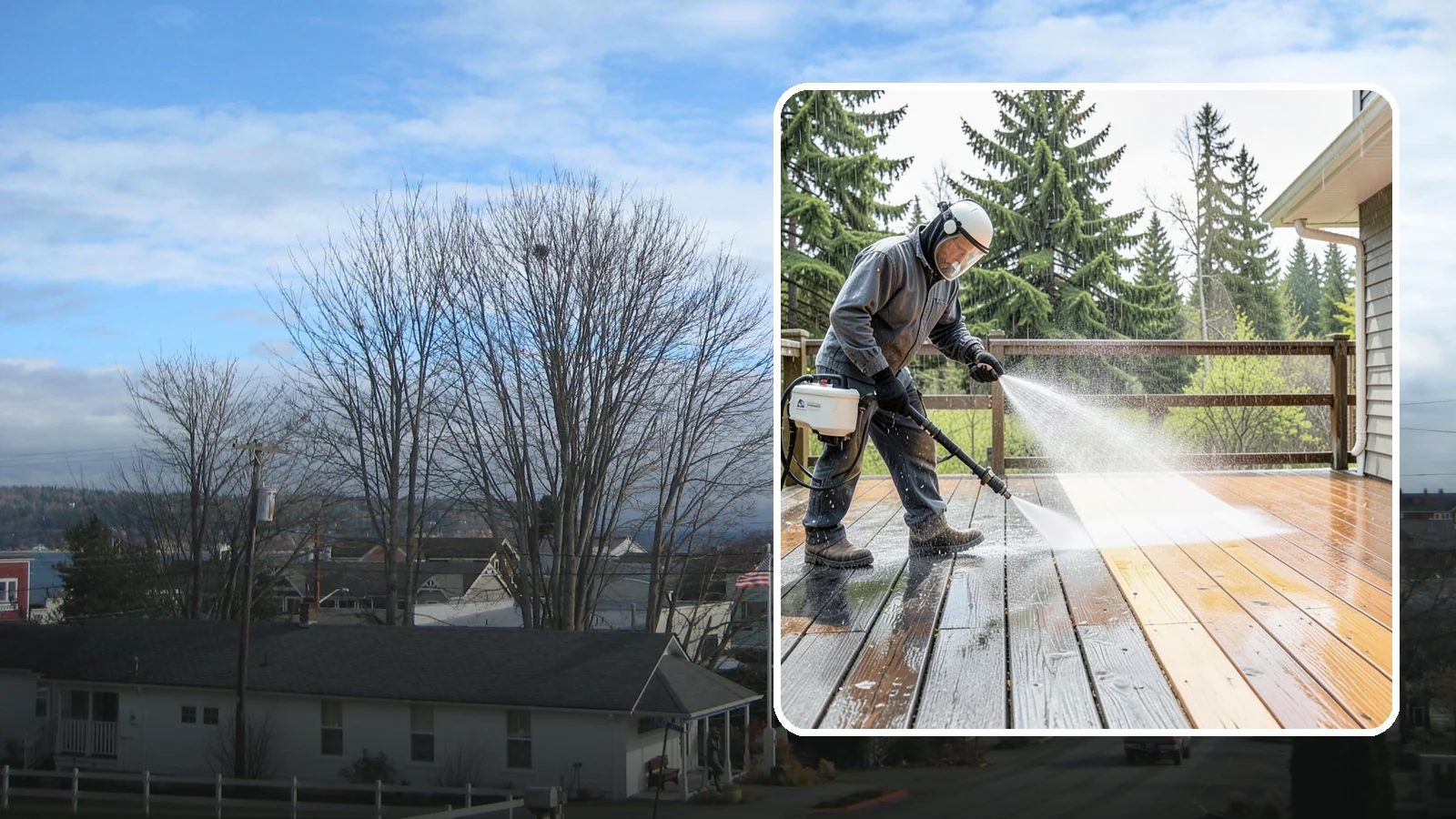 Cedar Deck Cleaning in Langley, Island County, WA - Clean and brighten cedar decks to revive the warm tone Washington moisture washes out.