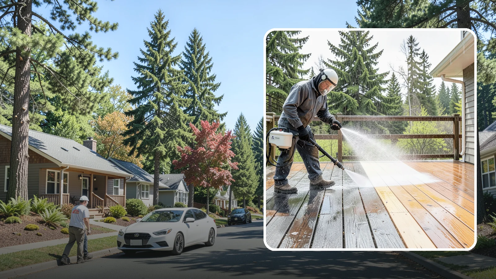 Cedar Deck Cleaning in Orting, Pierce County, WA - Clean and brighten cedar decks to revive the warm tone Washington moisture washes out.