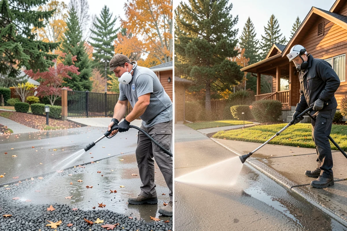 Cedar Fence Cleaning in Concrete, Skagit County, WA - Test a small area to confirm the right pressure for the grain