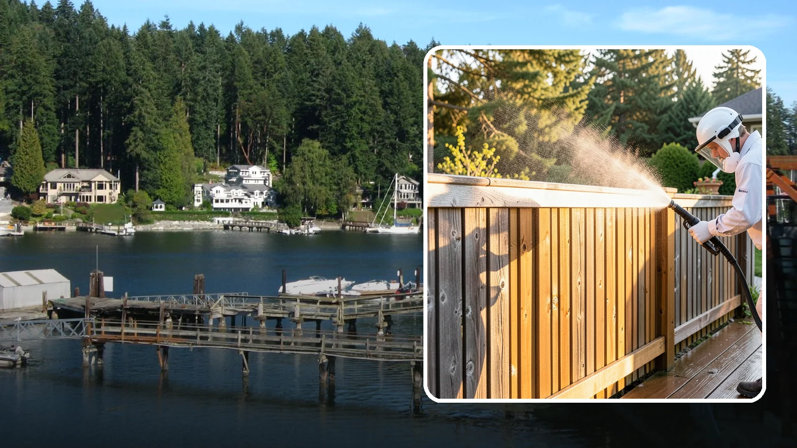Cedar Fence Cleaning in Gig Harbor, Pierce County, WA - Gentle cleaning tuned for cedar, the wood that grays fastest under Washington's damp, shaded conditions.