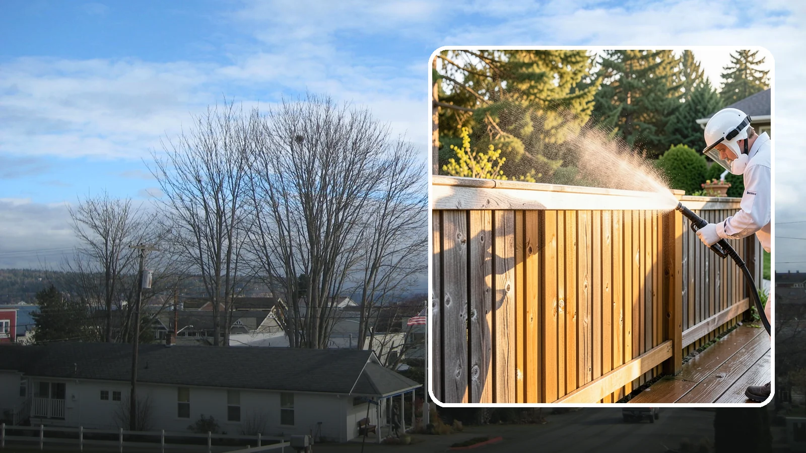 Cedar Fence Cleaning in Langley, Island County, WA - Gentle cleaning tuned for cedar, the wood that grays fastest under Washington's damp, shaded conditions.