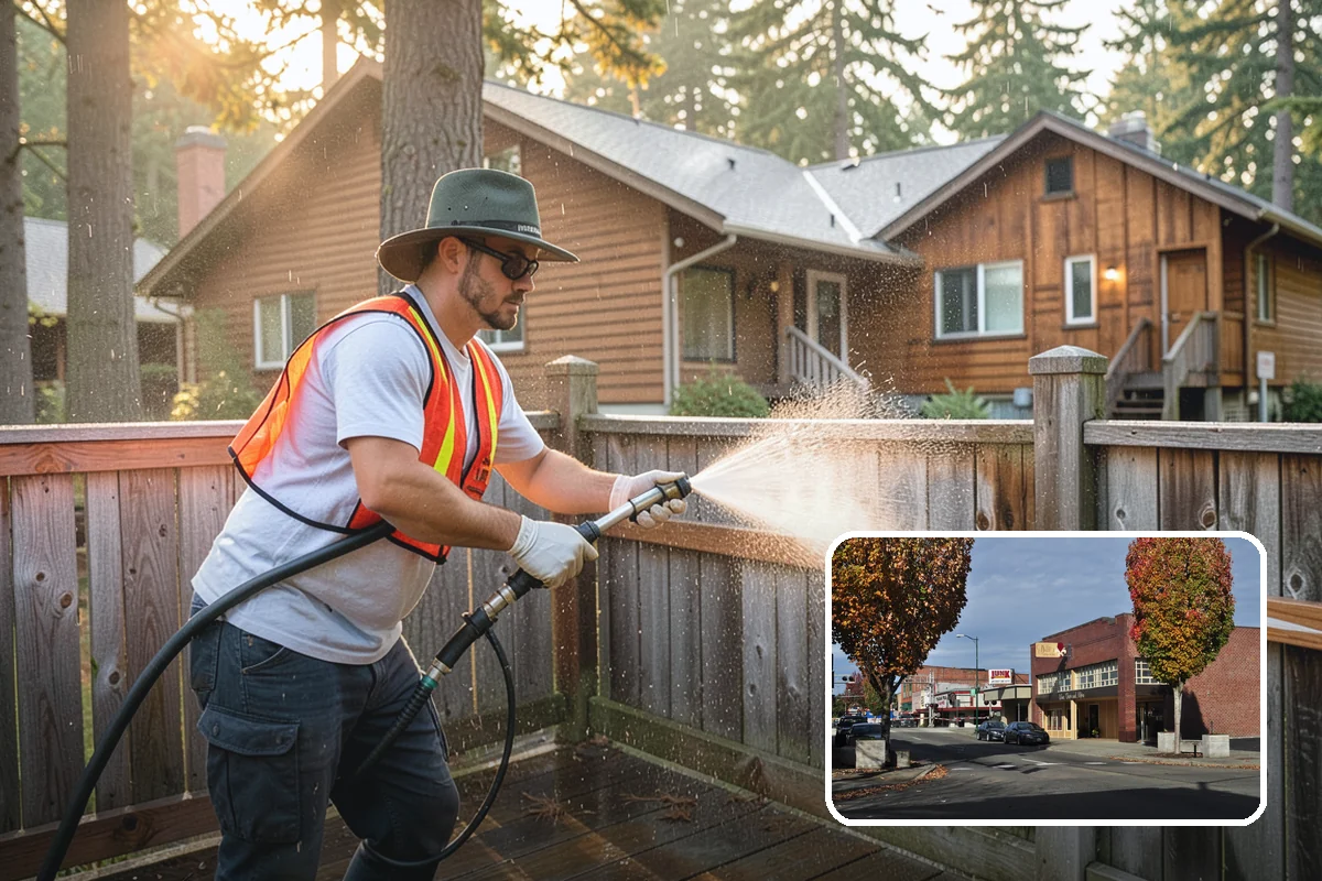 Cedar Fence Cleaning in Puyallup, Pierce County, WA - Brings back cedar's natural warm color hidden under gray weathering