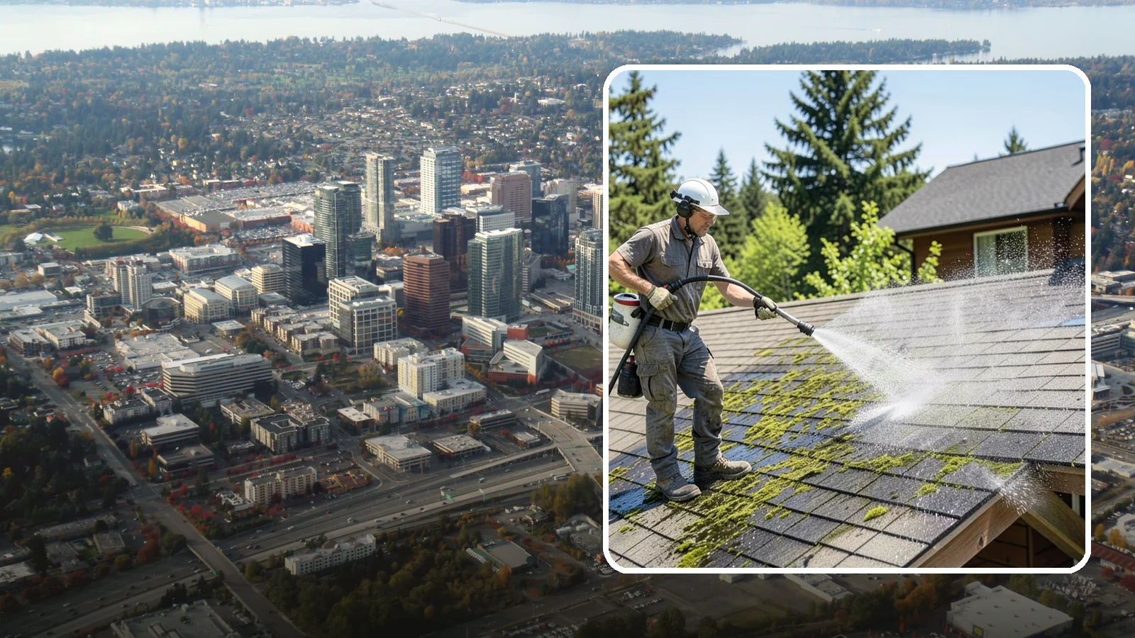 Cedar Shake Roof Cleaning in Bellevue, King County, WA - Gentle restoration cleaning for cedar shake and shingle roofs that removes moss while preserving the wood.